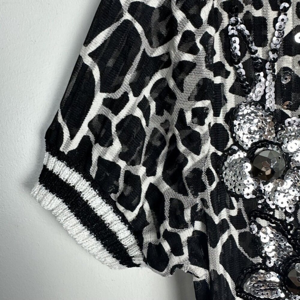 90s Y2K Black White VNeck Elastic Top Semi-sheer Sequin Animal Print Whimsy Goth - Picture 4 of 10